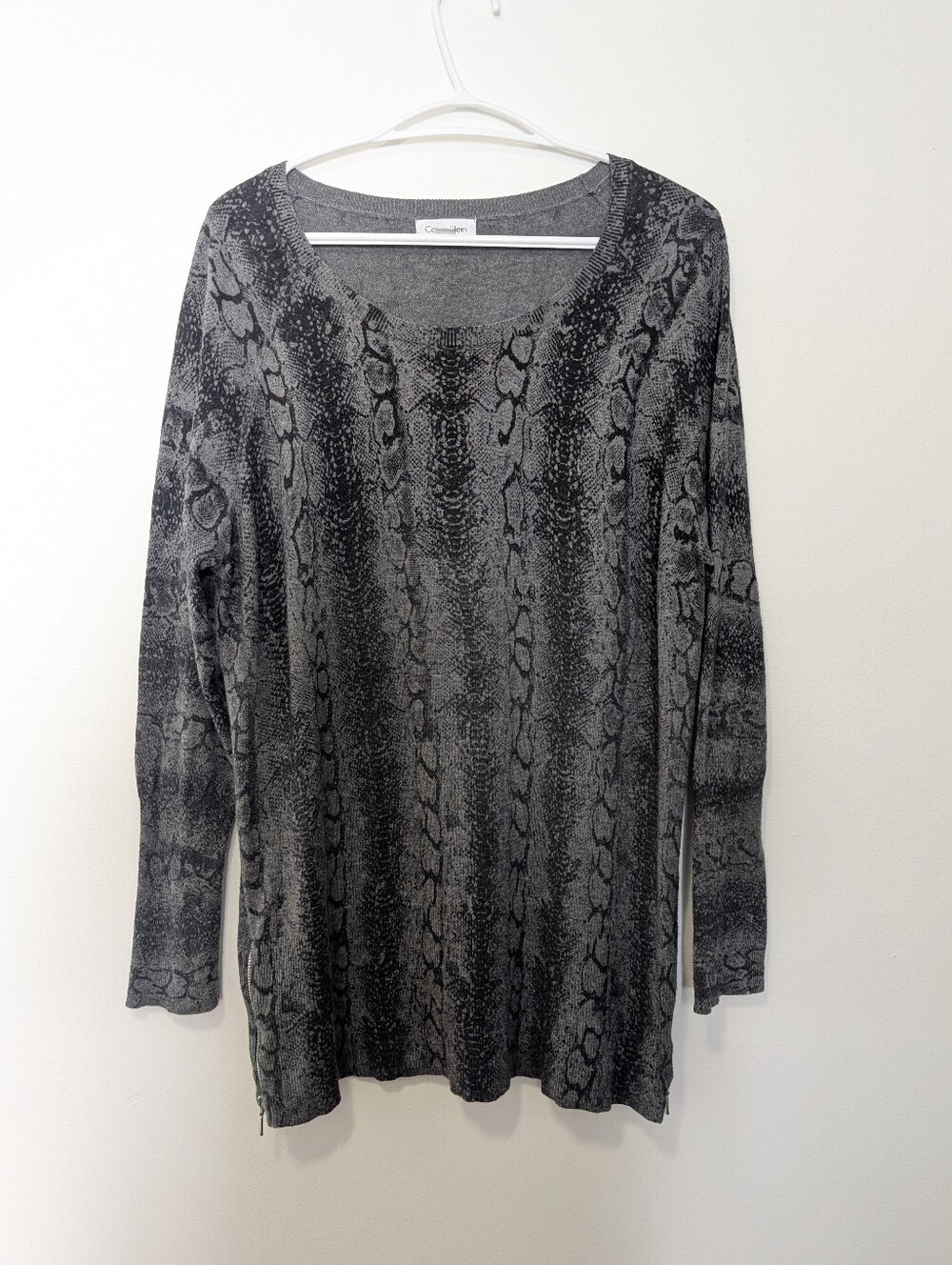 Calvin Klein Gray Snake Print Cashmere Blend Tunic Sweater Chic Office M
